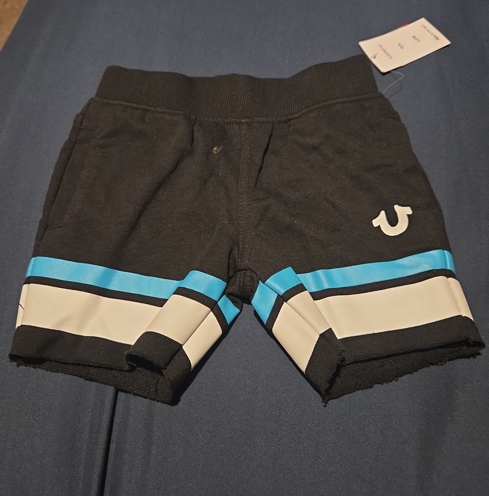 True Religion Kids Black Shorts with Blue and Cream Stripes